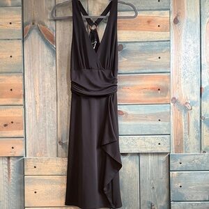 Frank Lyman Design Black Sleeveless V-Neck Midi Dress with Draped Ruffle